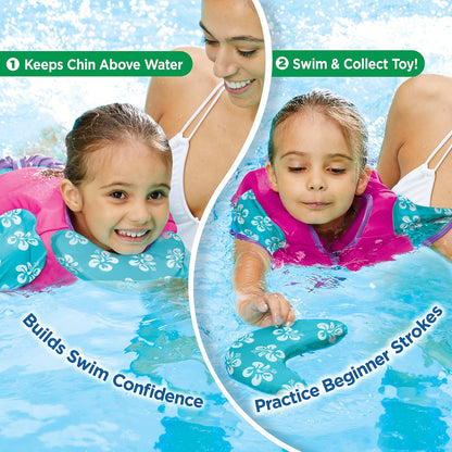 Swimschool - Entrenador de natación, talla pequeña/mediana, chaleco de natación con mangas para los hombros, correa de seguridad ajustable y cuello extraíble para la barbilla, rosa y aguamarina