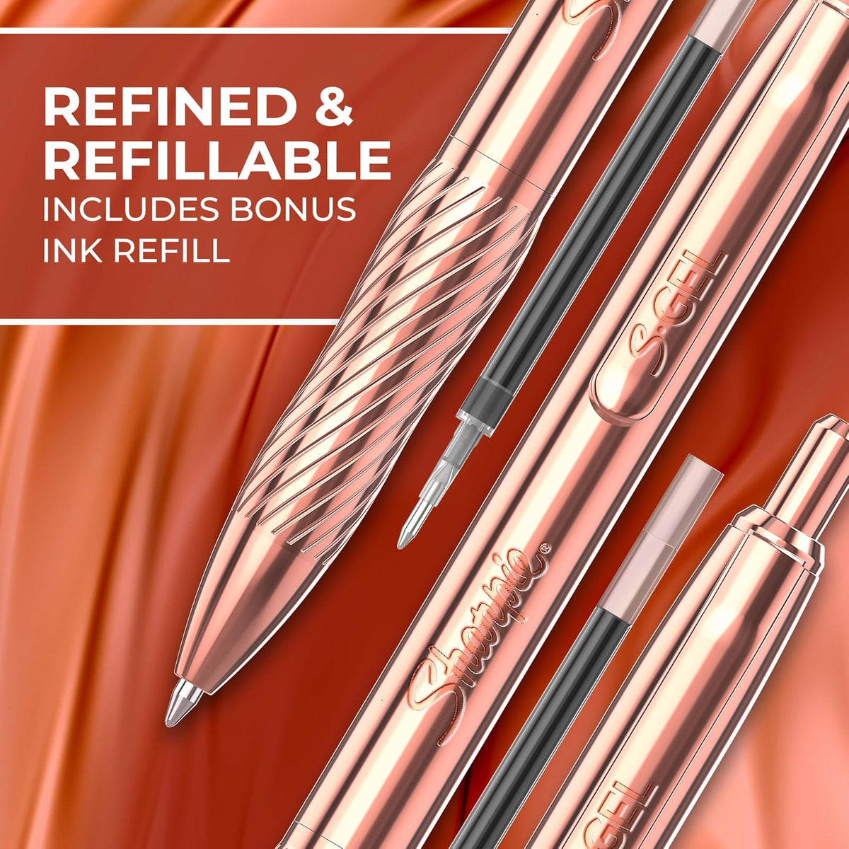 Sharpie S-Gel - Bolígrafo de gel, cuerpo de metal de cobre, punta media (0.7 mm), tinta negra, incluye 1 bolígrafo y 1 recambio de tinta adicional