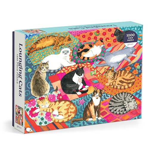 Galison Lounging Cats - Rompecabezas de 1000 Piezas con Hermosas Obras de Arte de una Variedad de Amigos felinos descansando en Coloridos edredones