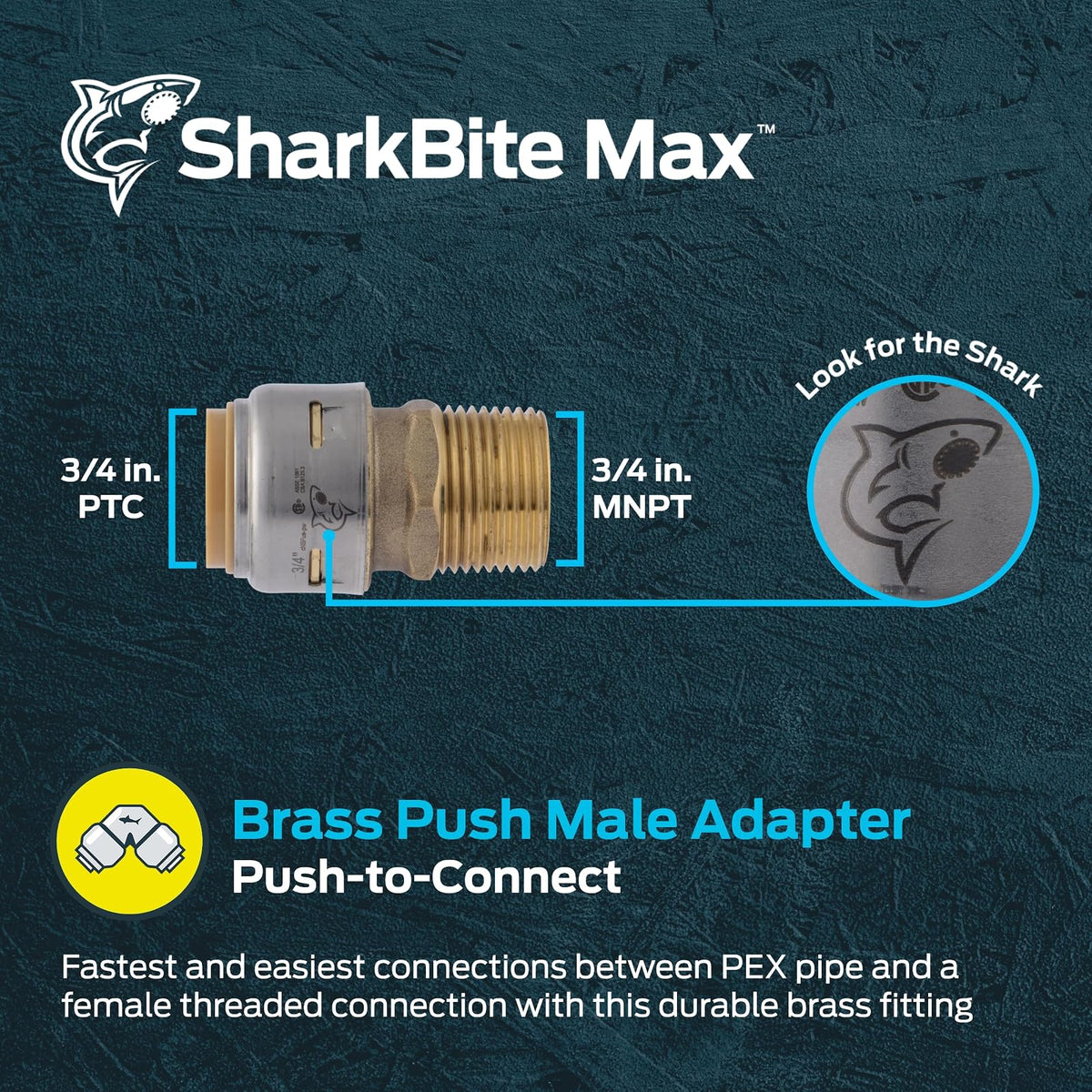 SharkBite Max - Adaptador MNPT de 3/4 pulgadas, ajuste de fontanería de latón a presión para conectar, tubería PEX, cobre, CPVC, PE-RT, HDPE, UR134A