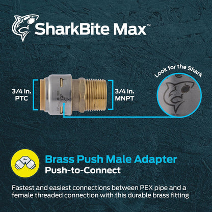 SharkBite Max - Adaptador MNPT de 3/4 pulgadas, ajuste de fontanería de latón a presión para conectar, tubería PEX, cobre, CPVC, PE-RT, HDPE, UR134A