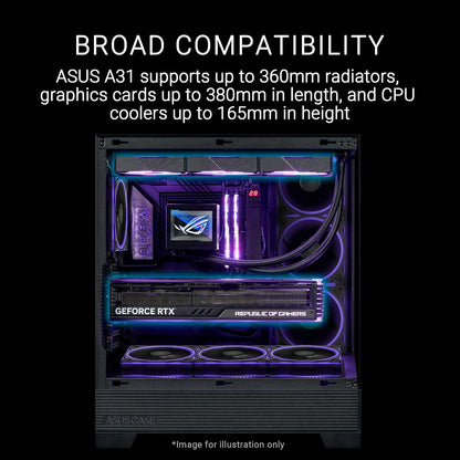 ASUS A31 Black ATX Case | Media torre ATX, doble vidrio templado sin pilar, USB-C 3.2 Gen 2x2 frontal, radiador hasta 360mm, compatible BTF, GPU 380mm