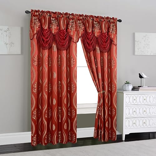 Elegant Comfort Luxurious Beautiful Curtain Panel Set with Attached Valance 54" X 84 inch (Set of 2), Burgundy