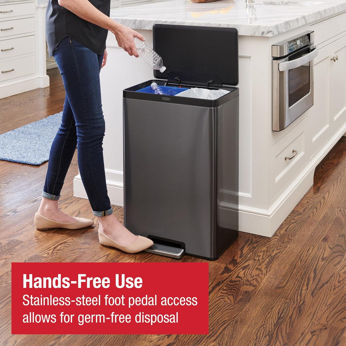 Rubbermaid Elite™ – Contenedor con Pedal de 2 Flujos para Residuos y Reciclaje, Bote de Acero Inoxidable con Liners Codificados por Colores, Capacidad de hasta 40 L, Gris Carbón 2145987