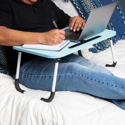 Mind Reader Lap Desk Laptop Stand, Bed Tray, Folding Legs, Couch Table, Portable, MDF, 23.25" L x 13.75" W x 10.5" H, Blue