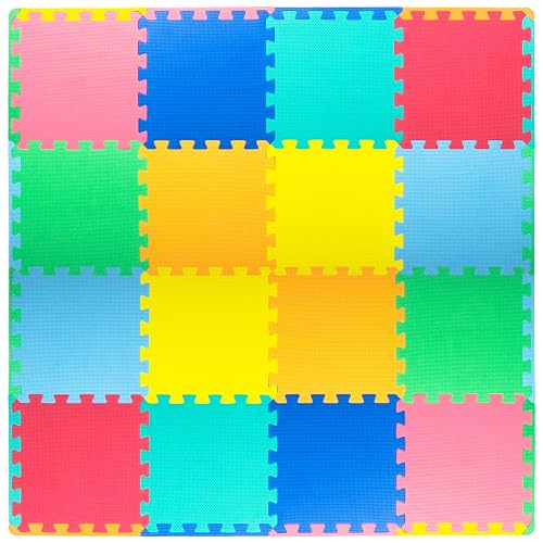 ProSource Baby Play Mat, Soft Foam Floor Tiles for Kids, Interlocking EVA Panels for Playpen Use, Crawling Development Surface, Safe Non-Toxic Toddler Flooring, 16 Tiles, Multicolor