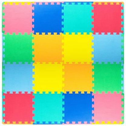 ProSource Baby Play Mat, Soft Foam Floor Tiles for Kids, Interlocking EVA Panels for Playpen Use, Crawling Development Surface, Safe Non-Toxic Toddler Flooring, 16 Tiles, Multicolor