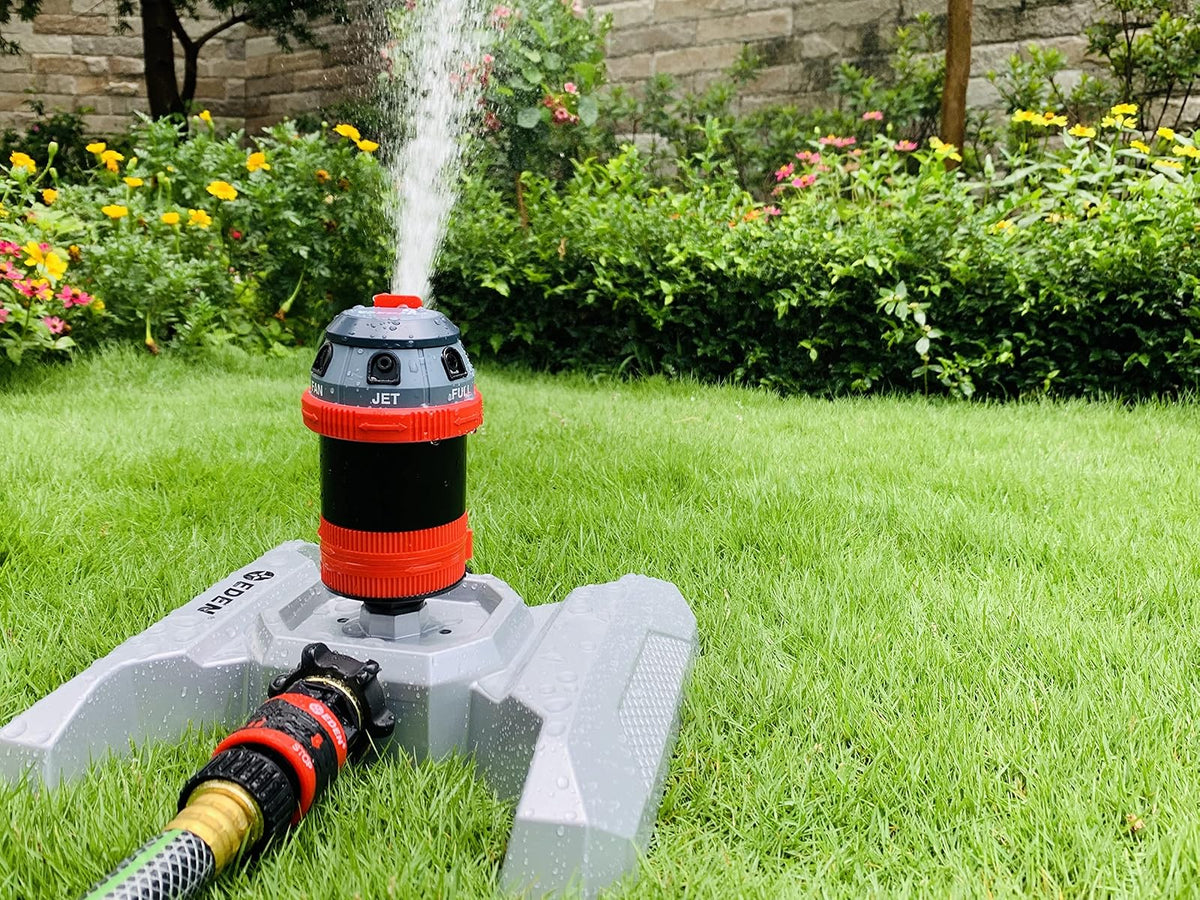 Eden 96122 - Aspersor de jardín de 6 Patrones de Metal Ajustable para Patio con Juego de iniciación de conexión rápida, Aguas de hasta 85 pies de diámetro