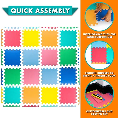 ProSource Baby Play Mat, Soft Foam Floor Tiles for Kids, Interlocking EVA Panels for Playpen Use, Crawling Development Surface, Safe Non-Toxic Toddler Flooring, 16 Tiles, Multicolor