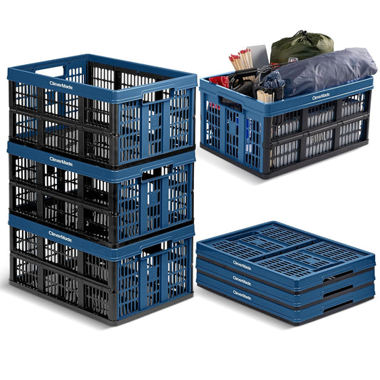 CleverMade Cajas de Utilidad Plegables Ocean 45L | Paquete de 3, capacidad 65 lb, contenedores apilables, ahorran espacio, material reciclado