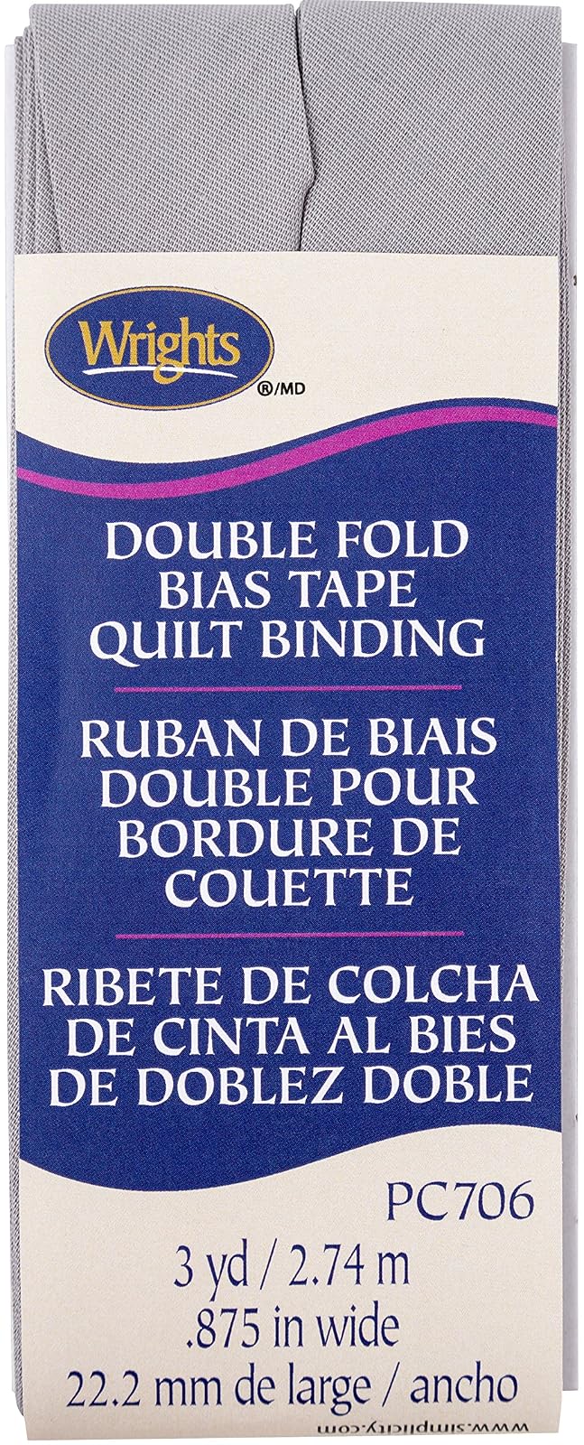 Wrights - Colcha Doble Plegable Color Gris Medio, 7/8 Pulgadas x 3 Yardas, 1 Unidad (Paquete de 1)
