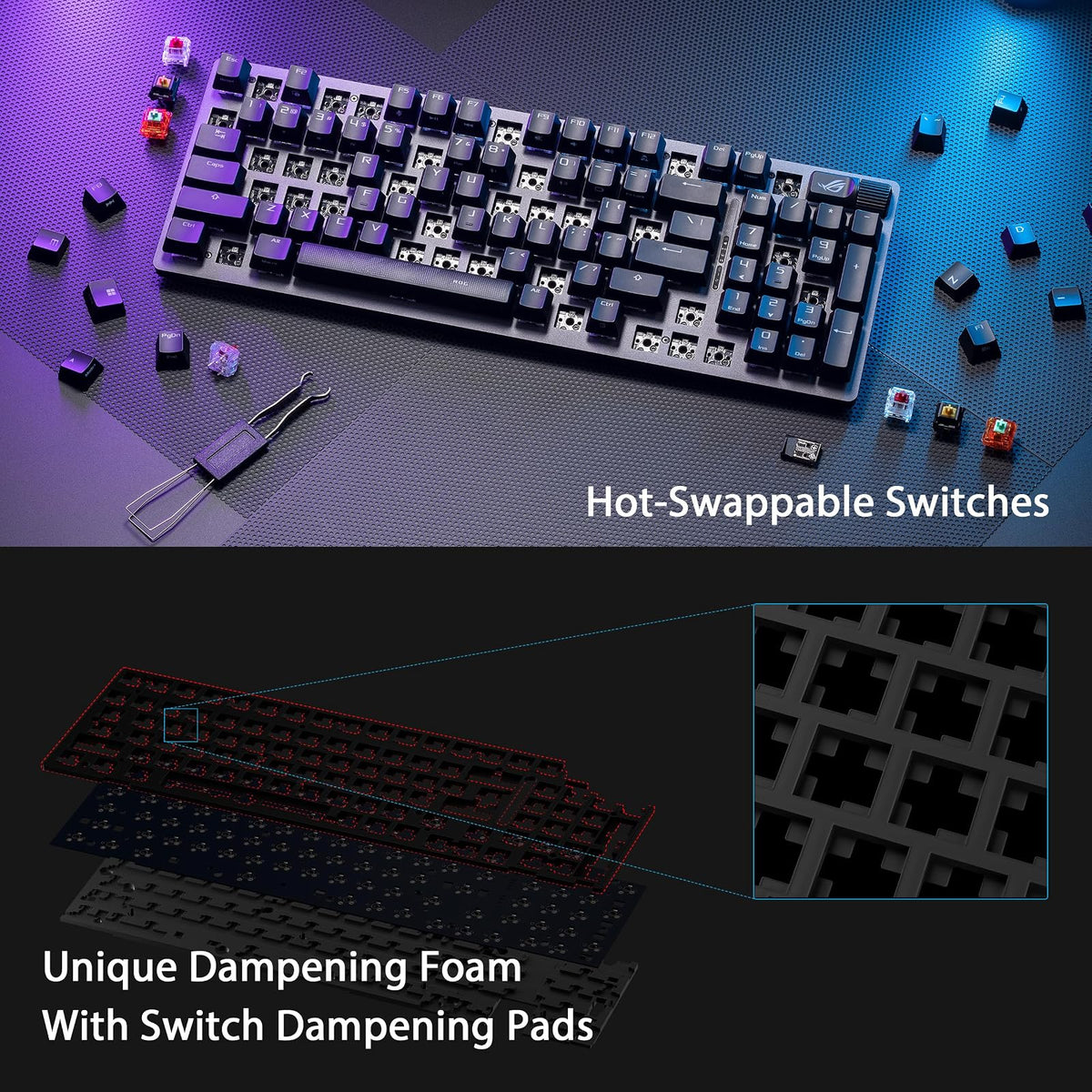 ASUS ROG Strix Scope II 96 Teclado Mecánico RGB Teclas PBT para FPS y MOBA | Inalámbrico tri-modo (2.4GHz/BT/USB-C), formato 96%, switches ROG NX Snow lineales hot-swap, teclas PBT, RGB, hasta 1500h