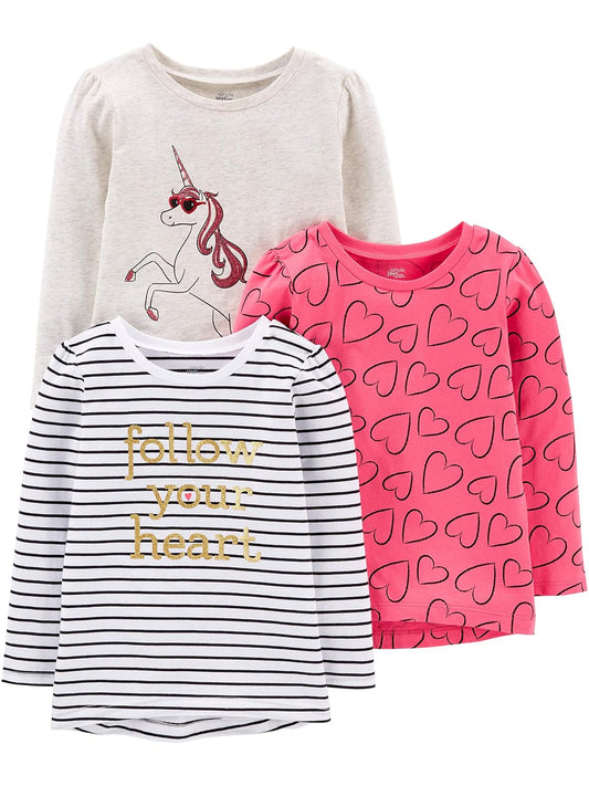 Simple Joys by Carter's Paquete de 3 Camisetas gráficas de Manga Larga para niñas pequeñas