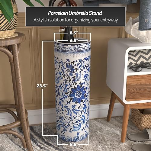Oriental Furniture Distinctive Affordable Home Decor Gift Idea, 24-Inch Ming Blue and White Porcelain Oriental Umbrella and Cane Stand, Floral