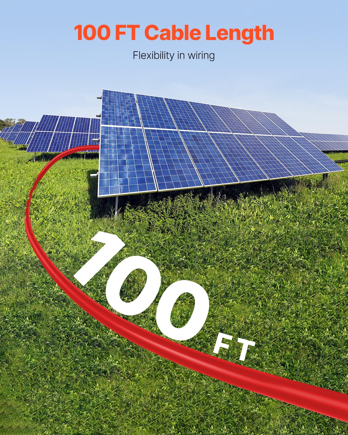 VEVOR Cable de Extensión para Panel Solar de 30,48 m, 10 AWG Cable de Extensión Solar, Cable Fotovoltaico Impermeable IP67 de 6 mm² para Paneles Solares Domésticos, de Barco y de Autocaravana, Rojo