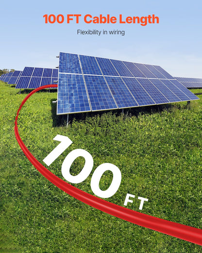 VEVOR Cable de Extensión para Panel Solar de 30,48 m, 10 AWG Cable de Extensión Solar, Cable Fotovoltaico Impermeable IP67 de 6 mm² para Paneles Solares Domésticos, de Barco y de Autocaravana, Rojo