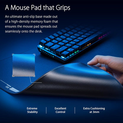 ASUS ROG Hone Ace XXL Mousepad A Prueba de Agua Negro para Shooters y MOBA | Superficie híbrida de tela con nano-recubrimiento, base viscoelástica antideslizante, 900x400x3mm, repele agua y polvo