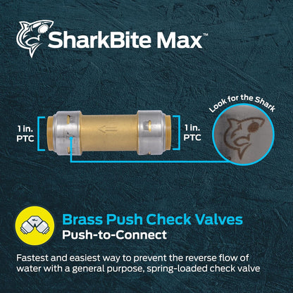 SharkBite Max - Válvula de retención de 1 pulgada, ajuste de fontanería de latón a presión para conectar, tubería PEX, cobre, CPVC, PE-RT, HDPE, UR2020A