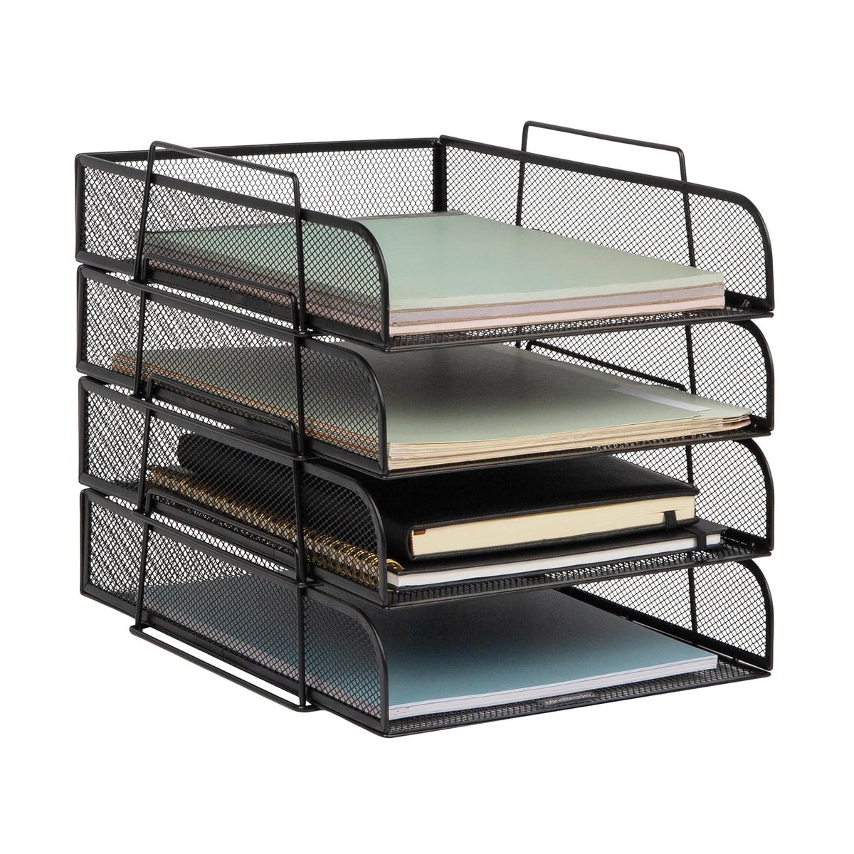 Betesh Mind Reader Stackable Paper Tray, Desktop Organizer, File Storage, Office, Metal Mesh, 10.5" L x13.5 W x11.25 H, 4 Pcs., Black