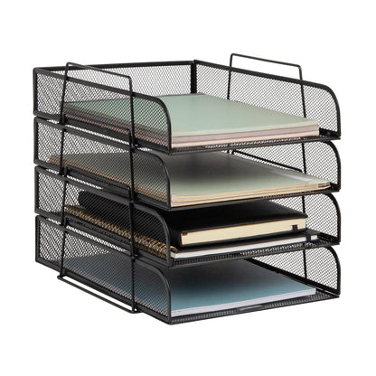 Betesh Mind Reader Stackable Paper Tray, Desktop Organizer, File Storage, Office, Metal Mesh, 10.5" L x13.5 W x11.25 H, 4 Pcs., Black