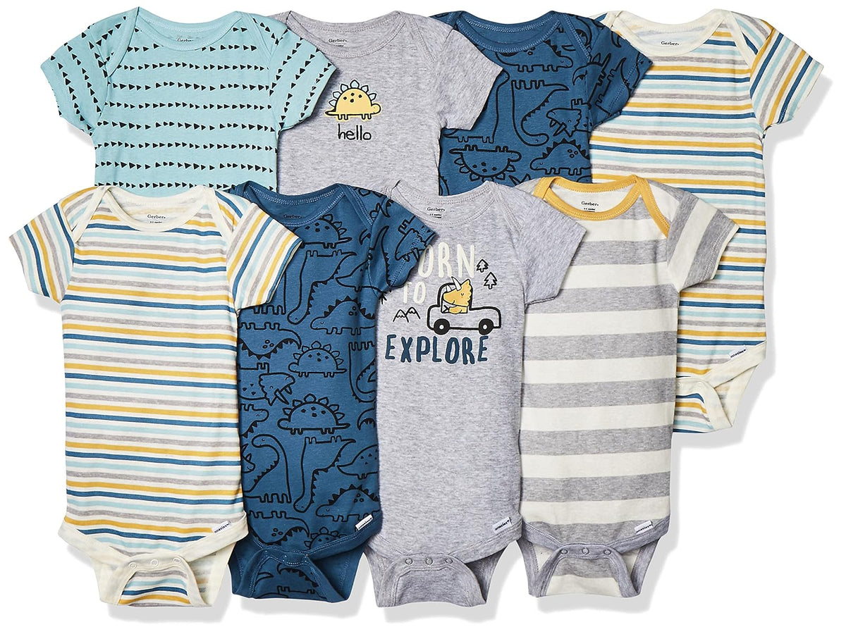 Gerber Body de Manga Corta para Bebé, Paquete de 8 - 0-3 Meses - Azul (Dinosaur Blue)