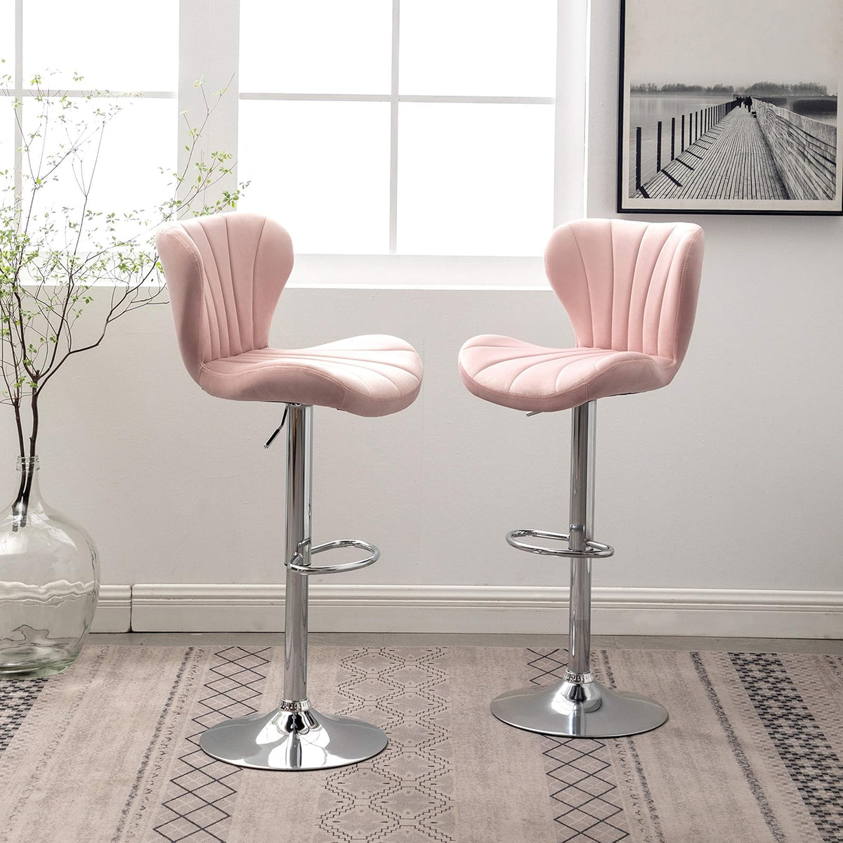 Roundhill Furniture Ellston - Taburetes giratorios de Terciopelo Ajustables en Color Rosa, Juego de 2