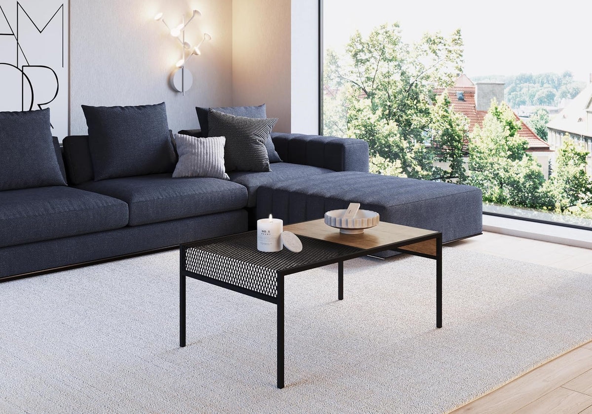 TUGOW Alterego Mesa de Centro Ted Rectangular Color Negro y Madera con Estructura Metálica de Acero MDP