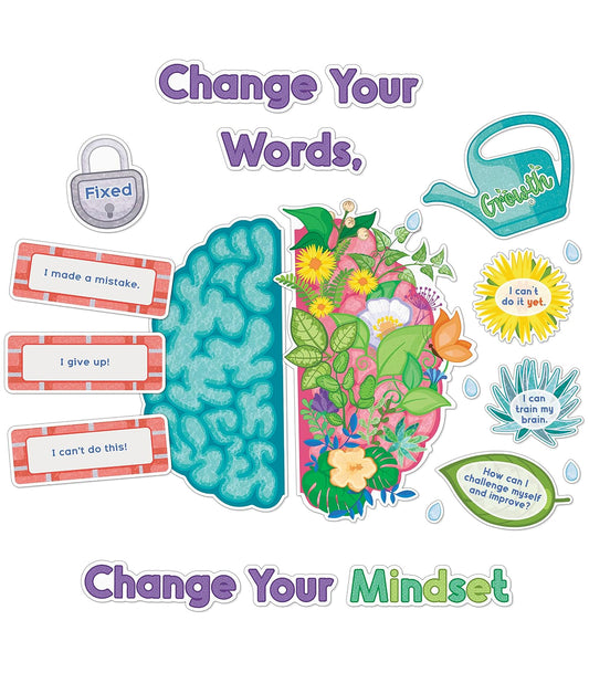 Carson Dellosa - Juego de 47 tablas de anuncios con mentalidad de crecimiento, póster motivacional, recortes de plantas, cerebro de 2 piezas con tarjetas de afirmación, suministros de esquina