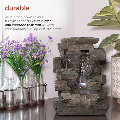 Alpine Corporation WIN220 Fuente de Cascada de Rocas Calmantes de 4 Niveles para Mesa Interior con Luces LED, 13", Gris