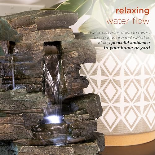 Alpine Corporation WIN220 Fuente de Cascada de Rocas Calmantes de 4 Niveles para Mesa Interior con Luces LED, 13", Gris