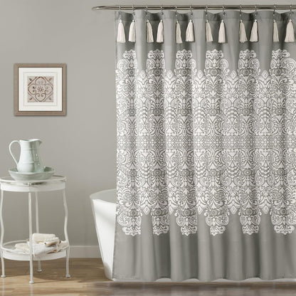 Lush Decor - Cortina de Ducha con medallón Bohemio, diseño Bohemio de Damasco con borlas, 72 x 72 Pulgadas, Color Gris