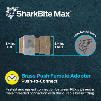 SharkBite Adaptador hembra de latón de 3/4 x 3/4 pulgadas, Push-fit para tubería PEX, cobre, CPVC, PE-RT, HDPE, UR088A