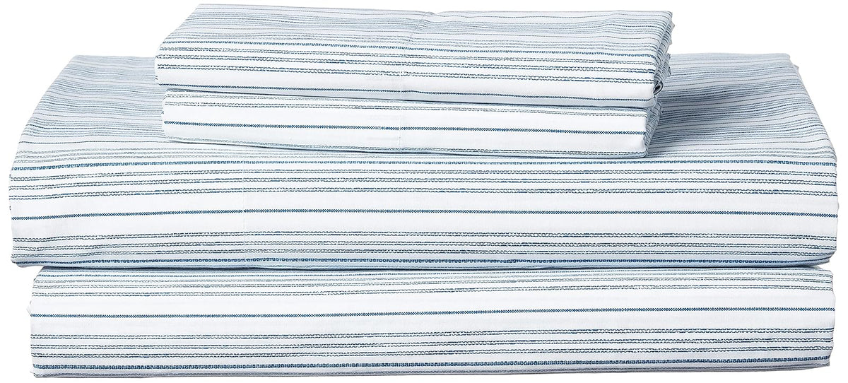 Nautica - Juego de sábanas Queen, Juego de Ropa de Cama de percal de algodón, crujiente y Fresco, Ligero y Transpirable (Azul Marino a Rayas, 4 Piezas, Queen)