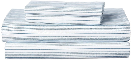 Nautica - Juego de sábanas Queen, Juego de Ropa de Cama de percal de algodón, crujiente y Fresco, Ligero y Transpirable (Azul Marino a Rayas, 4 Piezas, Queen)