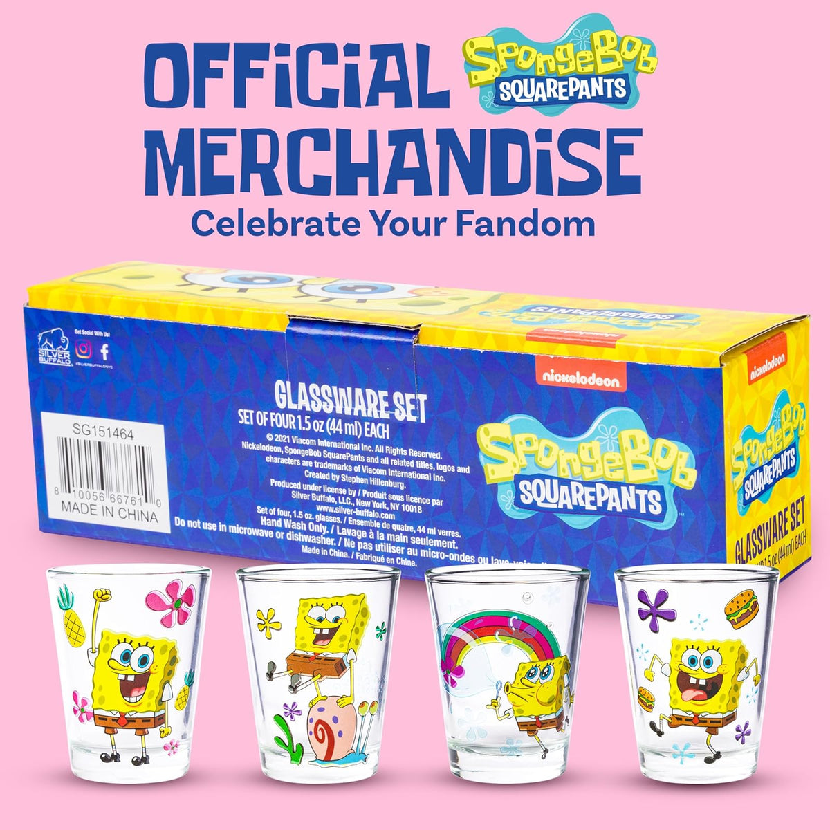 Silver Buffalo SpongeBob - Pantalones cuadrados con Gary Poses Floral Krabby Patty Paquete de 4 mini, juego de vidrio, 1.5 onzas