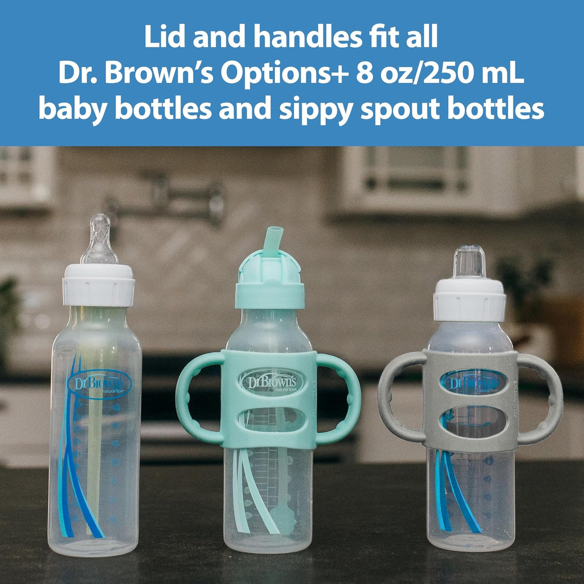 Dr. Brown's Milestones - Botella de paja estrecha para sorbos a prueba de derrames con asas 100% de silicona y popote con peso, 8 onzas/250 ml, gris, 6 m+