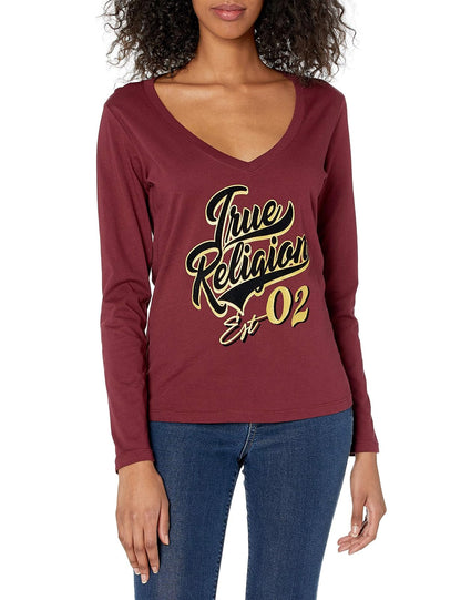 True Religion Camiseta de Manga Larga con Cuello en V Camiseta para Mujer