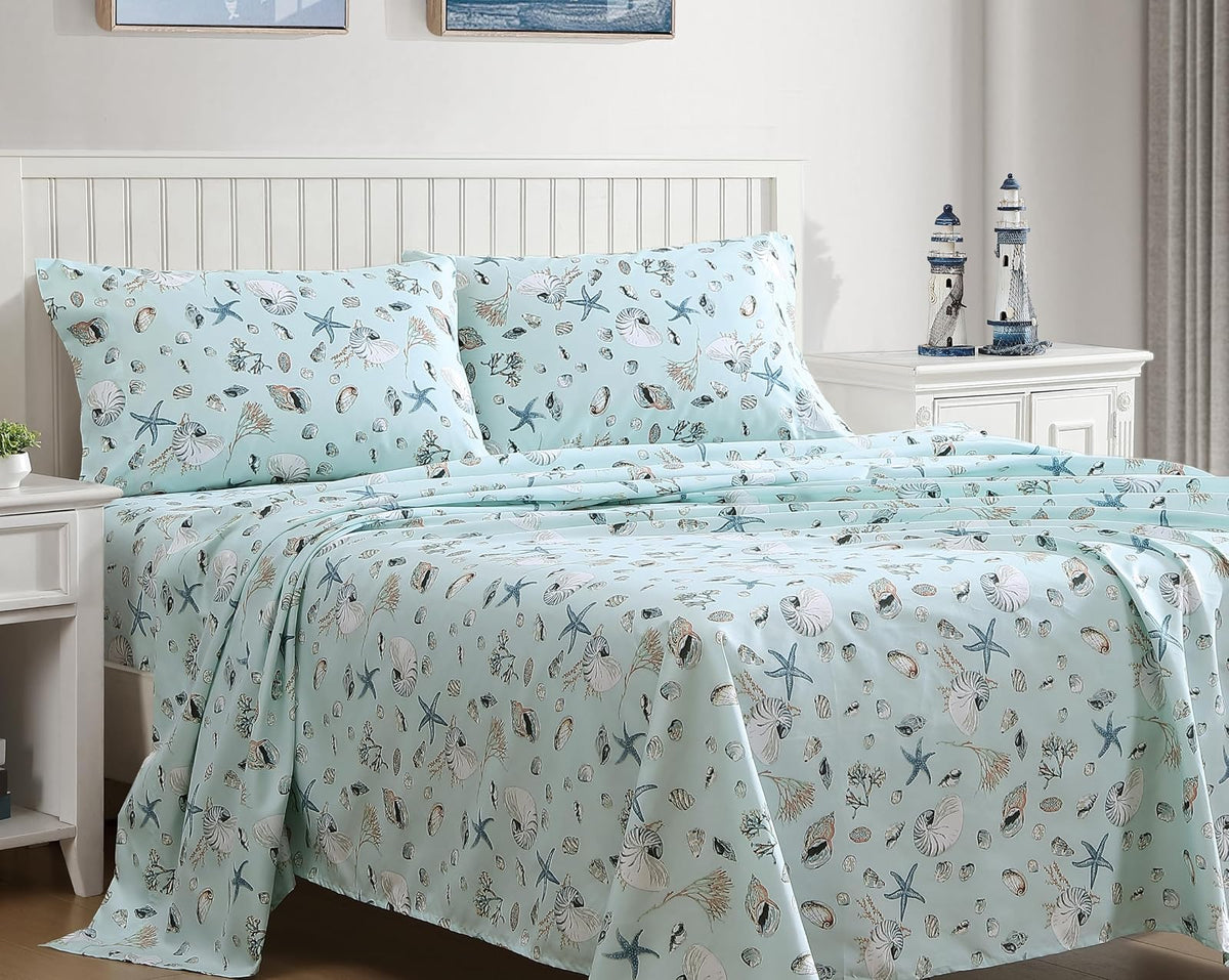 Beatrice Home Fashions Juego de sábanas de Microfibra con Estampado costero, Suave, cómodo, Bolsillos de 14 Pulgadas de Profundidad, Queen, mar Oceanside