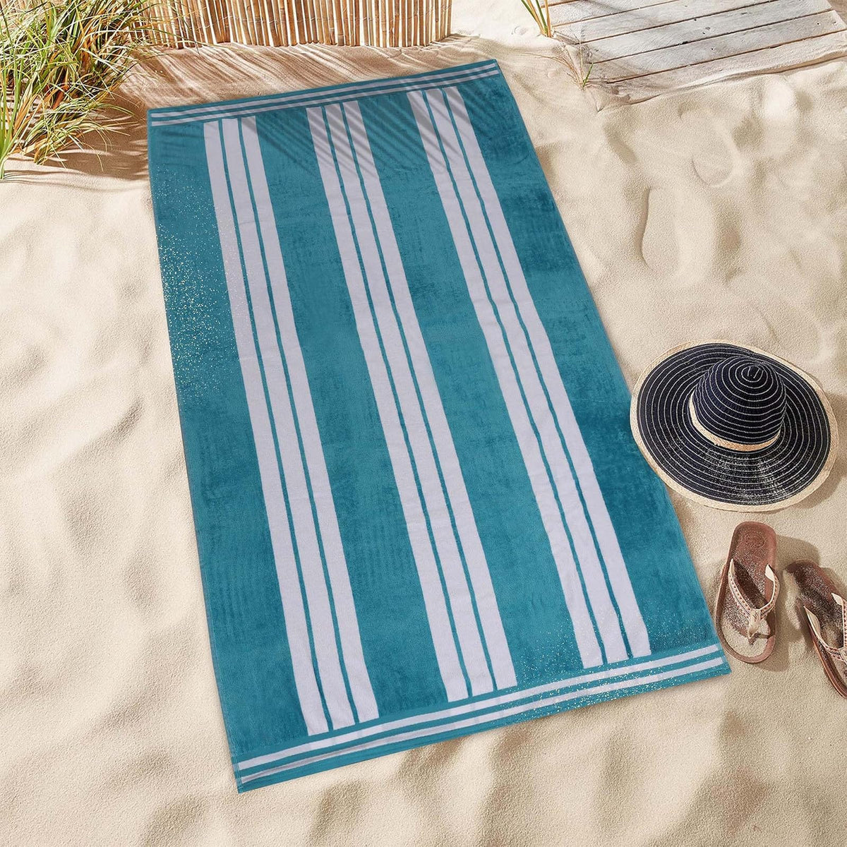Superior Collection Luxurious Jacquard Cotton Beach Towels, Oversized, Turquoise Cabana Stripes
