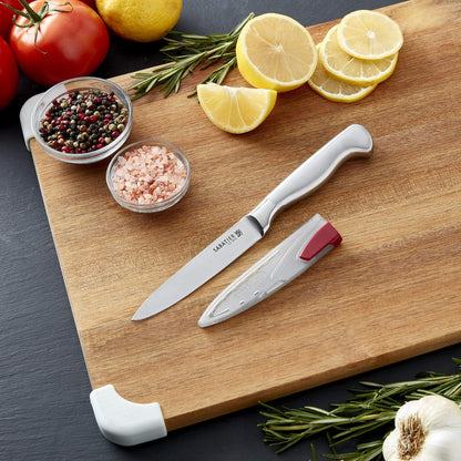 Sabatier - Cuchillo Santoku de acero inoxidable forjado con vaina de afilado automático EdgeKeeper, Cuchillo de chef, 8", Negro, 1 pieza, 1