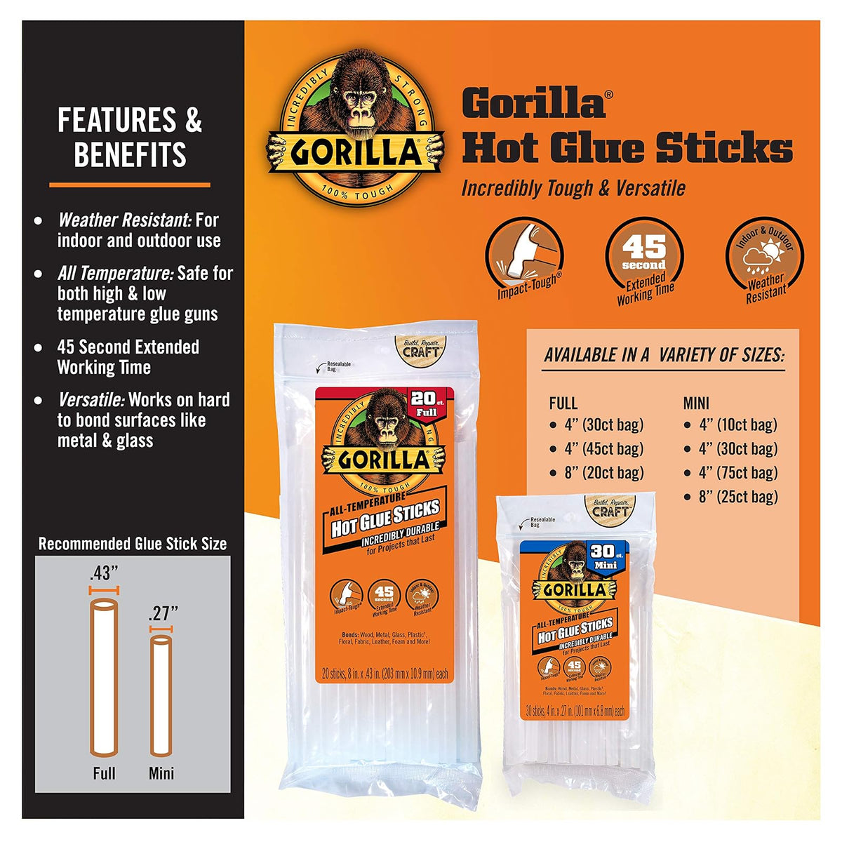Gorilla Hot Glue Sticks, pegamento transparente, tamaño mini 8 pulgadas de largo x 0.25 pulgadas de diámetro, 25 unidades (paquete de 1) – Seguro para todas las temperaturas con tiempo de trabajo