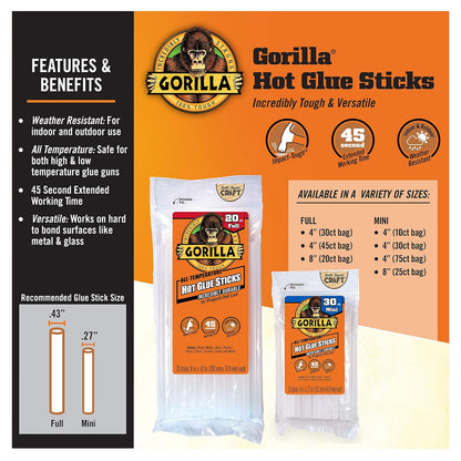 Gorilla Hot Glue Sticks, pegamento transparente, tamaño mini 8 pulgadas de largo x 0.25 pulgadas de diámetro, 25 unidades (paquete de 1) – Seguro para todas las temperaturas con tiempo de trabajo