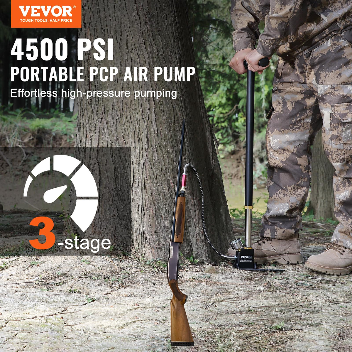 VEVOR 4500PSI Inflador de Aire Inflador de Bomba de Mano 310BAR，Bomba Manual de Alta Presión, 3 Etapas hasta 4500 PSI, Bomba de Mano de Alta Presión para Neumáticos y Pistolas Neumáticas Precargadas
