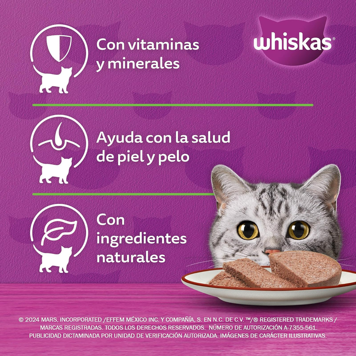 WHISKAS - Alimento para Gato Adulto en Lata, Sabor Atún, Vitamina A y Taurina, Paquete de 24 Piezas, 350g c/u,