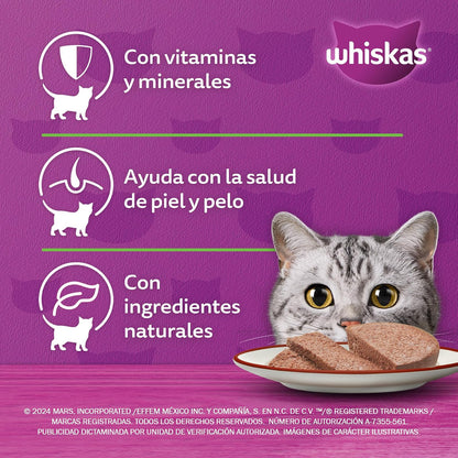 WHISKAS - Alimento para Gato Adulto en Lata, Sabor Atún, Vitamina A y Taurina, Paquete de 24 Piezas, 350g c/u,