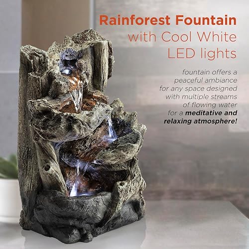 Alpine Corporation WIN794S Fuente de Agua de Troncos en Niveles para Mesa de Interior con Luces LED, Cascada de Luz de Bosque Tropical, 14", Marrón