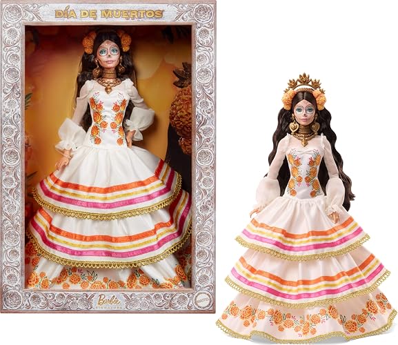 Barbie Signature Día de Muertos, Muñeca de Colección con Vestido, Corona de Cempasúchil, Maquillaje de Calavera, Base y Certificado, para 6 años en adelante