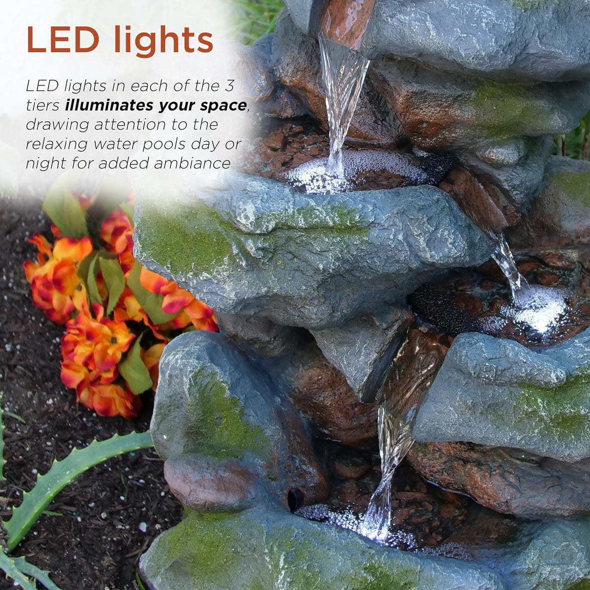 Alpine Corporation WIN582 Fuente en Cascada Estilo Roca de 3 Niveles para Exteriores con Luces LED y Aspecto de Piedra Natural, 22", Gris