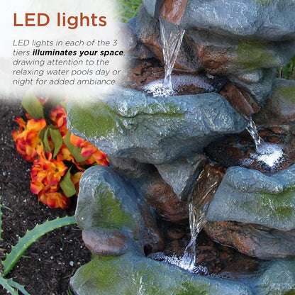 Alpine Corporation WIN582 Fuente en Cascada Estilo Roca de 3 Niveles para Exteriores con Luces LED y Aspecto de Piedra Natural, 22", Gris