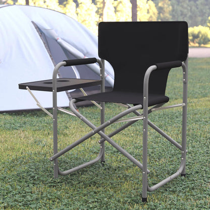 Flash Furniture Folding Directors Camping Chair - Portable Black Sports Chair with Cupholder Side Table - Indoor/Outdoor Steel Tube Framed Foldable Chair